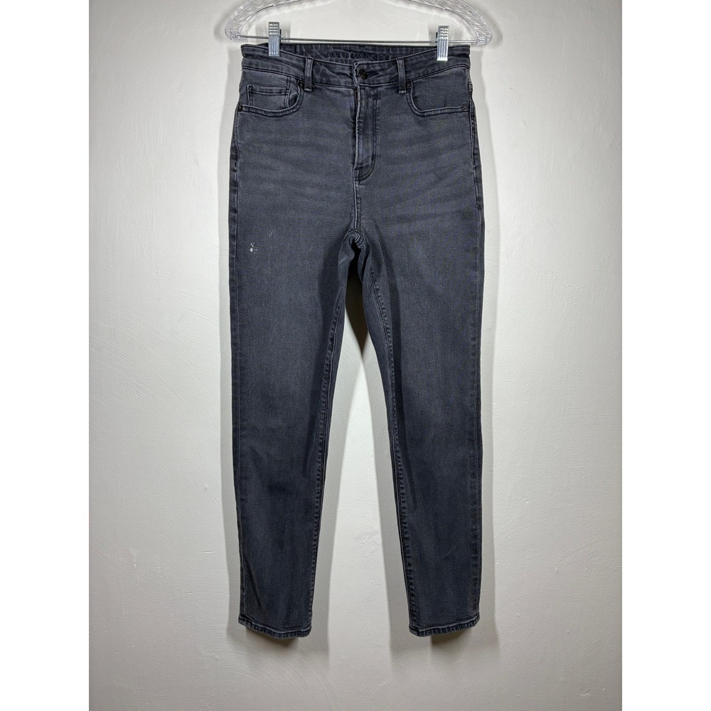 American Eagle Mom Jeans 4 Regular Black Gray High Rise Stretch Distressed Denim